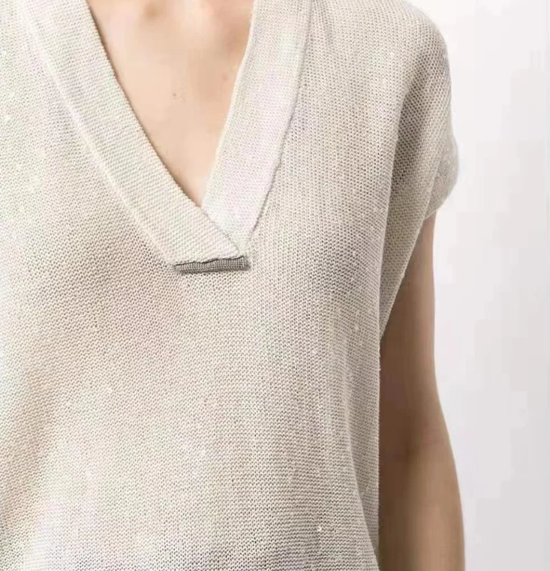 Luxury Linen With Silk Beige Color Knitting Low-cut Shorts Summer Dresses V-neck