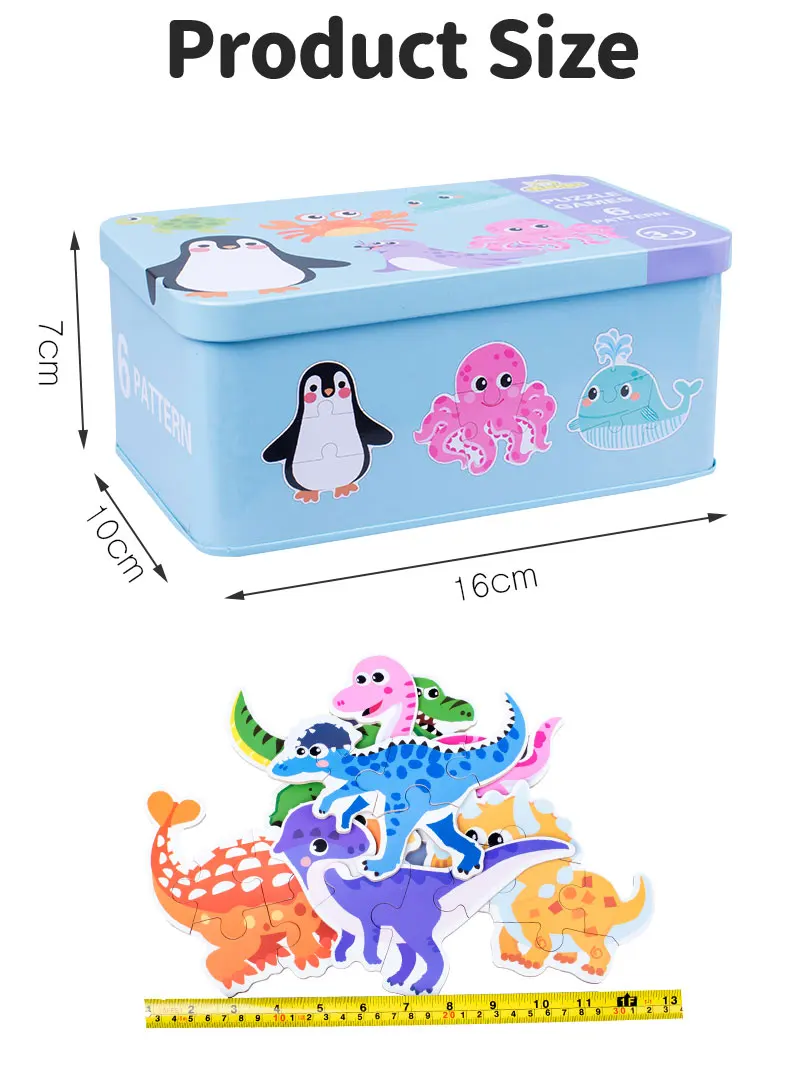 Children 6 in 1 Large Iron Box Cartoon Animal 3D Jigsaw Puzzles Board Game Wood DIY Early Educational Toys for Kids Boys Girls