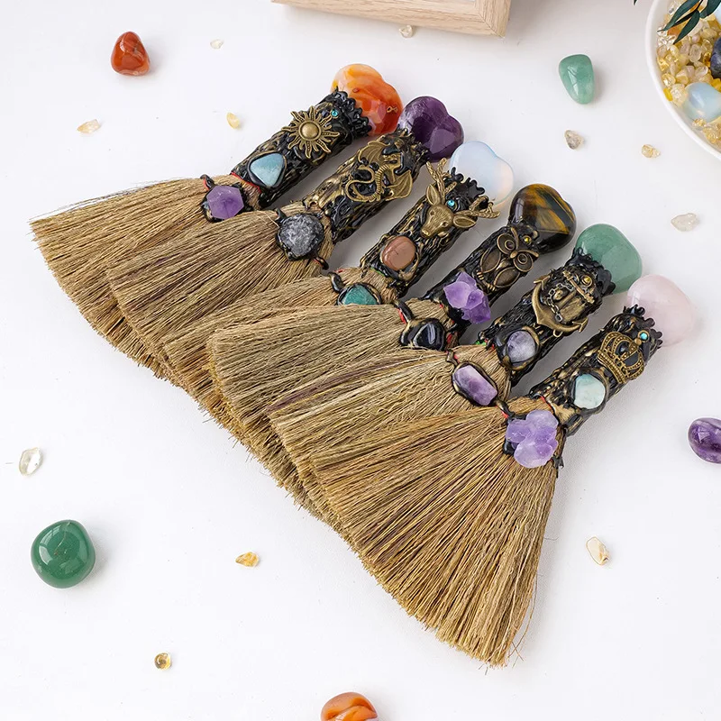 Natural Rose Quartz Magic Broom Love Reiki Healing Crystal Mini Witch Broom For Cleansing Bedroom Home Decor Gifts