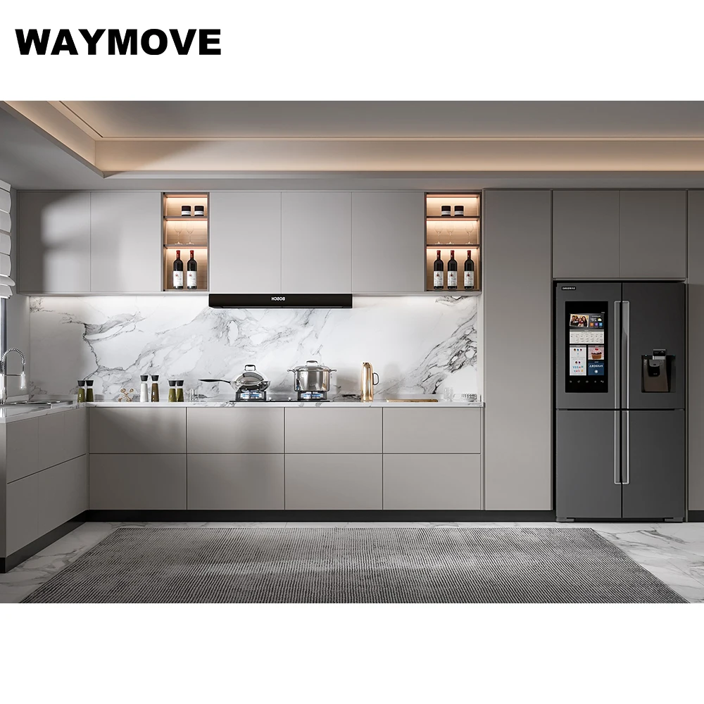 WAYMOVE современные ПВХ кухонные шкафы с лаком акриловая обработка поверхности дверной панели шарнирный кран раковина двери кухонного шкафа