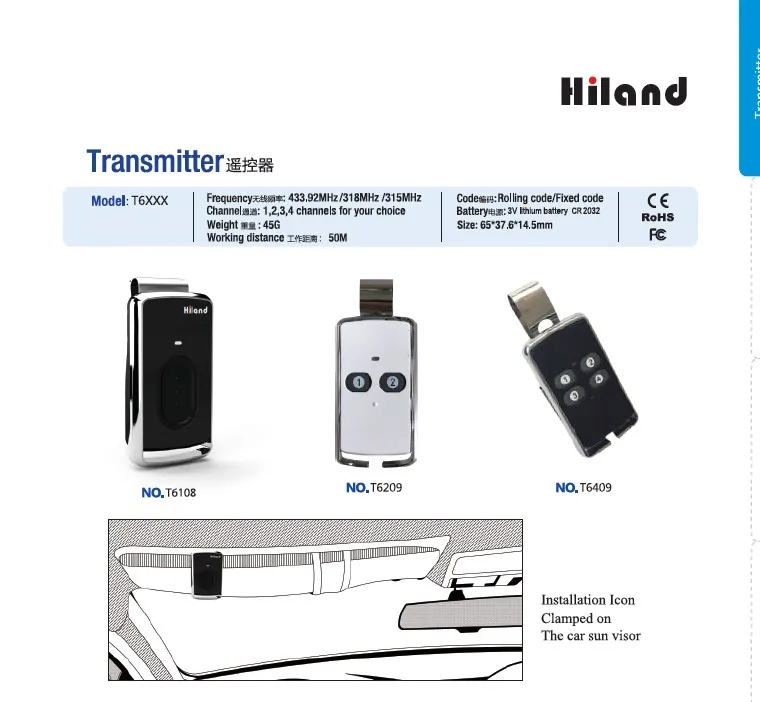 Hiland T6108 мини беспроводной пульт дистанционного управления электрический контроллер гаража 433 92 МГц непрерывный