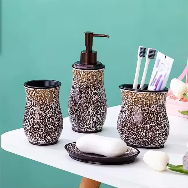 Hot selling bathroom accessory set, 4-piece mosaic glass resin bathroom decoration set, collection room accessories