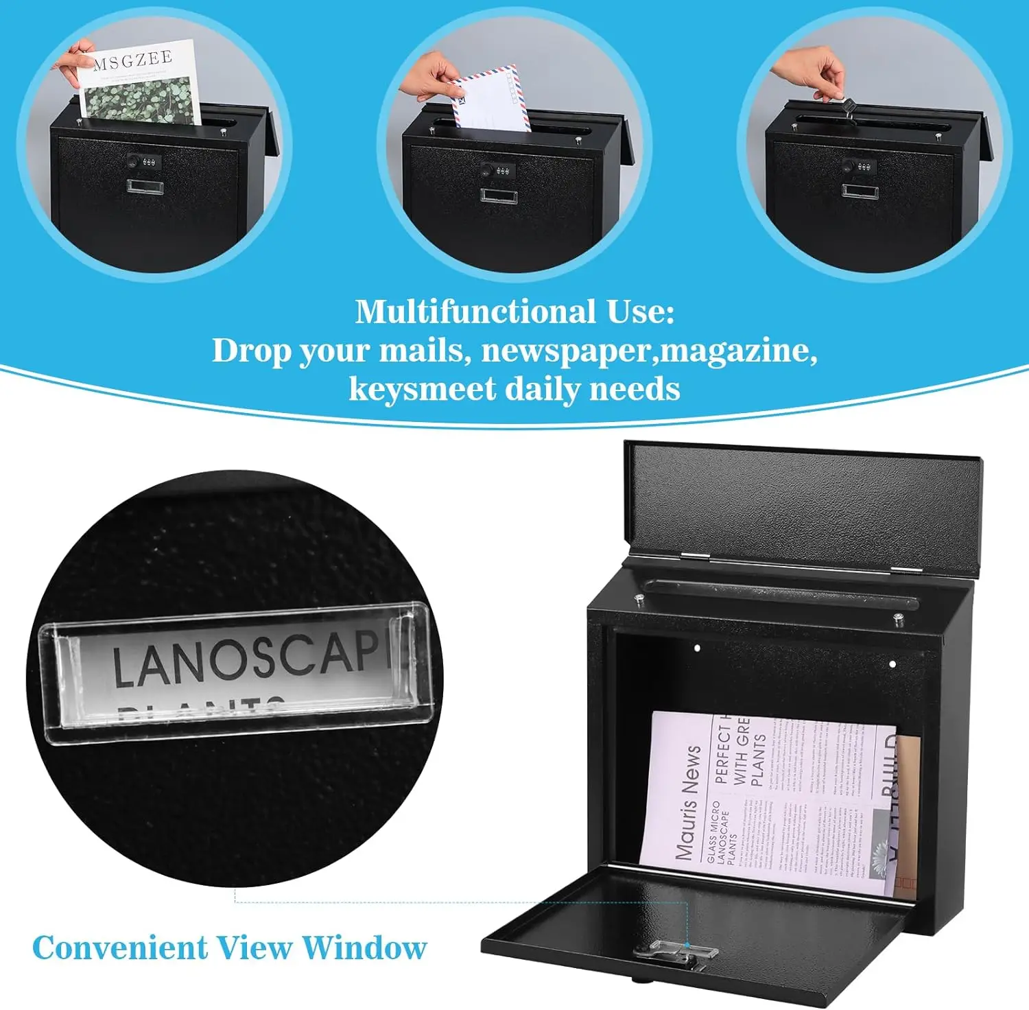 Wall Mounted Combination Lock Mail Boxes Locking Security Metal Drop Box Modern Large Capacity Steel Cover Metal Postbox