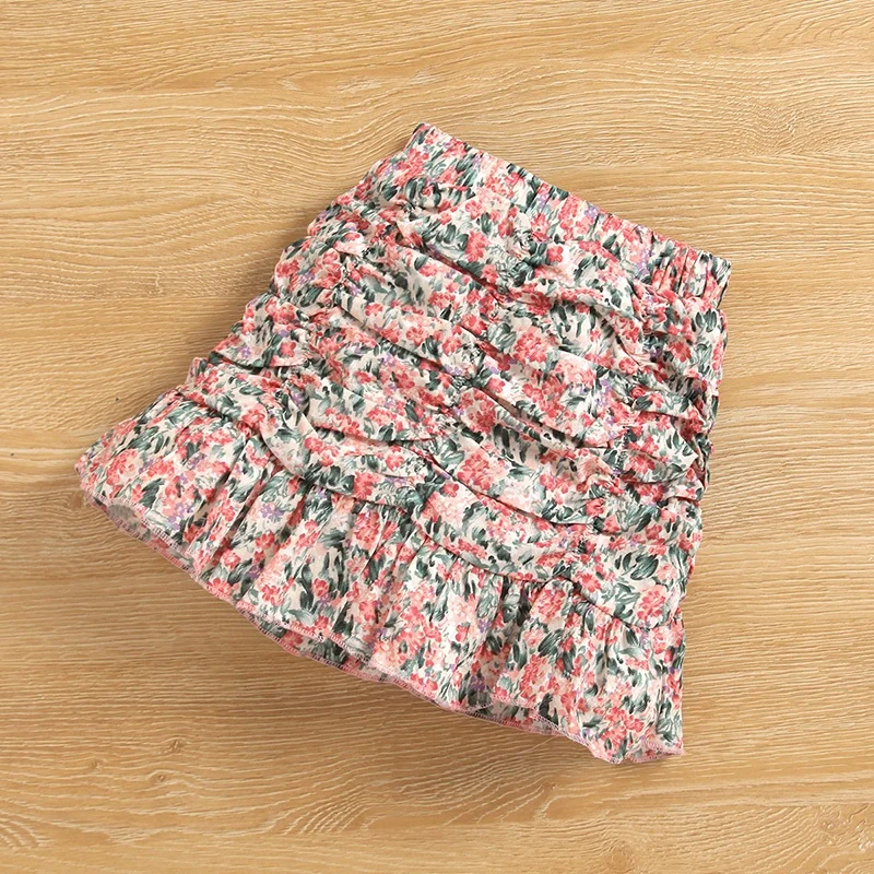 Wholesale size 5T baby girls spring sets puff sleeve square neck knitted sweater ruffle floral skirts clothes for girl