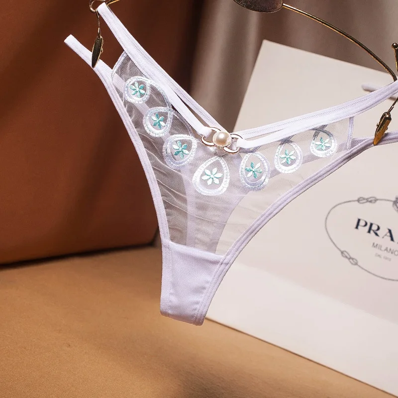 
Thongs And G String Transparent Mesh Embroidery Hollow Pearl Womens Thong Panties 