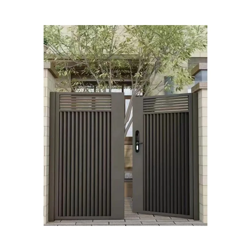 Exterior entrance metal aluminium alloy fence and gates design outdoor automatic aluminum profile slat double swing entry gate