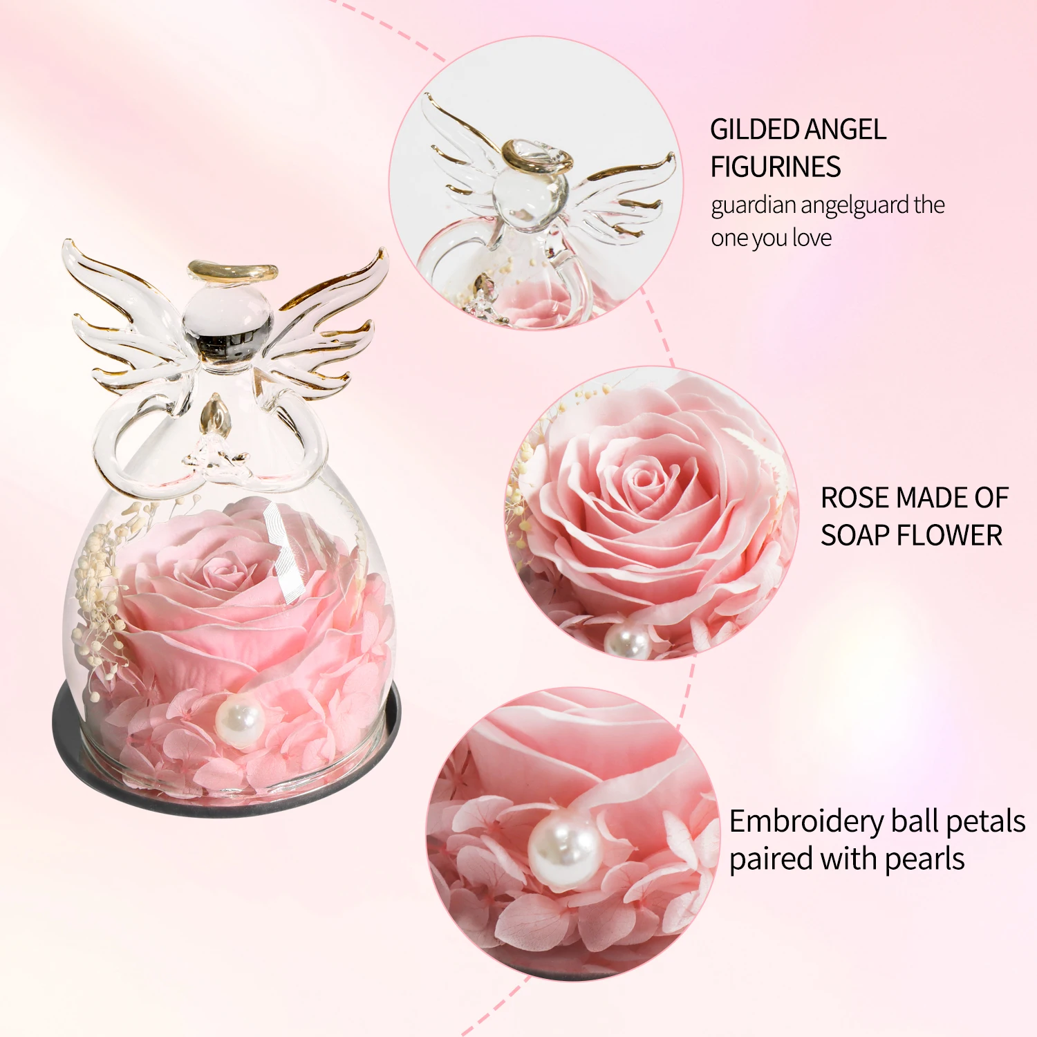 Valentines Day Gift Angel Preserved Soap Rose Artificial Flowers In Angel Dome Glass Gift For Women and Girls