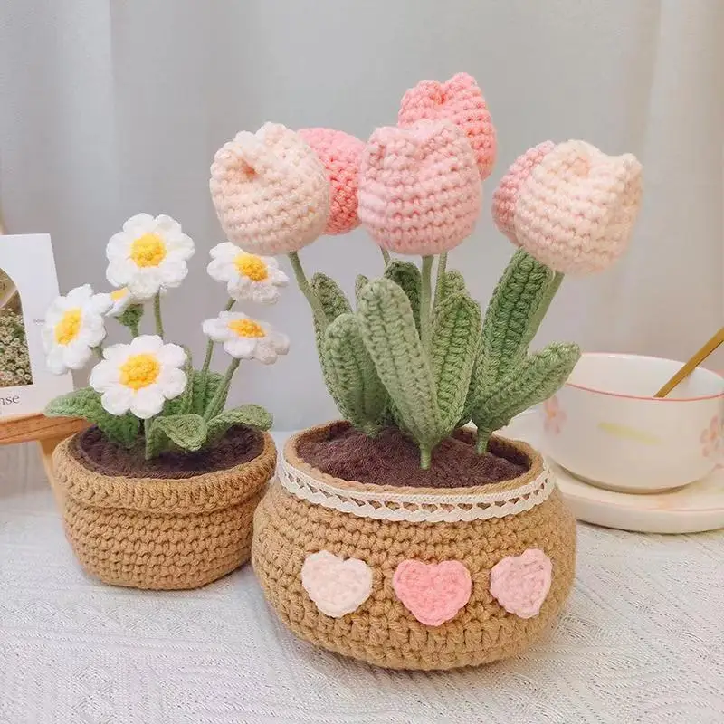 Wholesale Handmade Woven flower Tabletop Decoration for Home Decor various styles Potted Woolen Flowers
