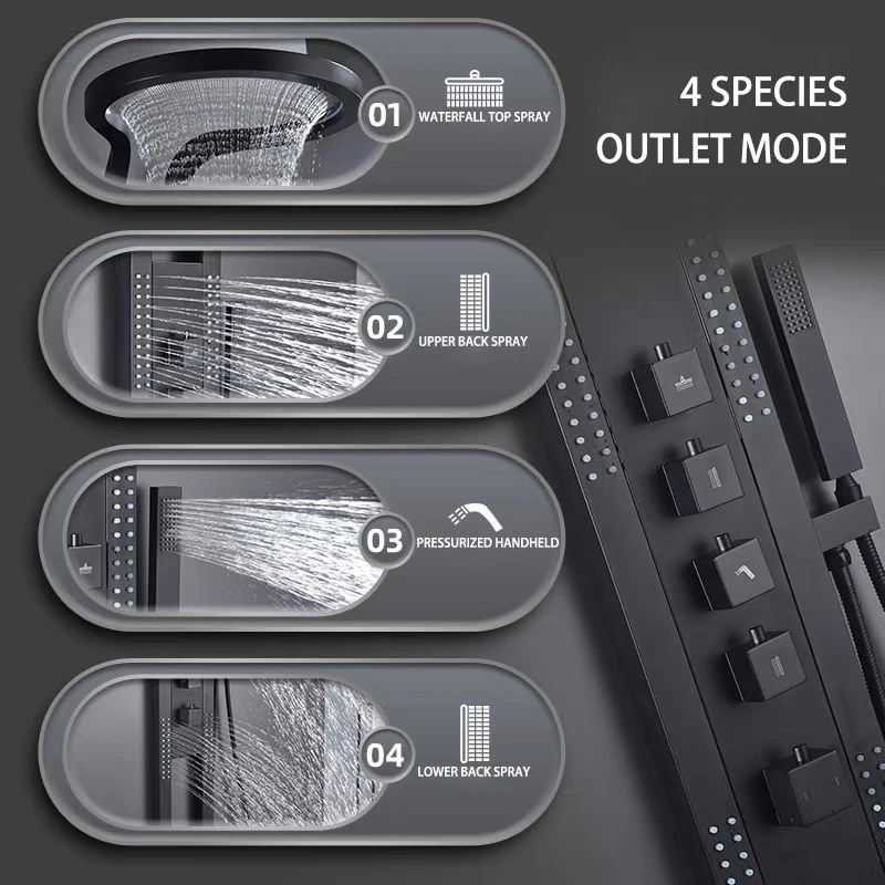2024 TikTok Hot Sale Black Multifunction Bathroom Waterfall Rainfall Stainless steel Shower Panel Column Sprinkler Massage Set