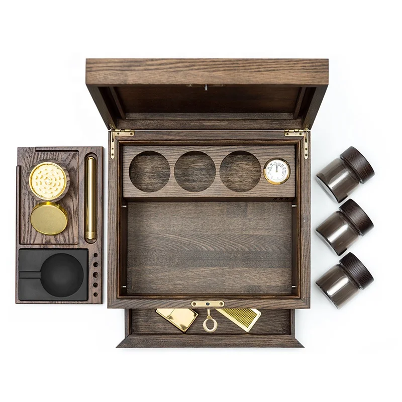 Wood Stash Box Cigar Box humidifier kit with Airtight Washable Brass doob tubeb Grinder Glass Jar concrete ashtray & scissors