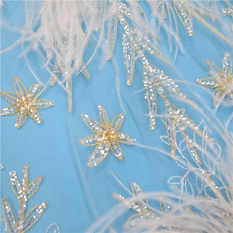 3d lace feather gold silver line supply beautiful sequin tulle fabric fabric  for wedding dress fashion show