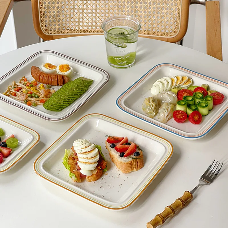 Solhui Ins retro ceramic square dishes home food sushi plates with lines