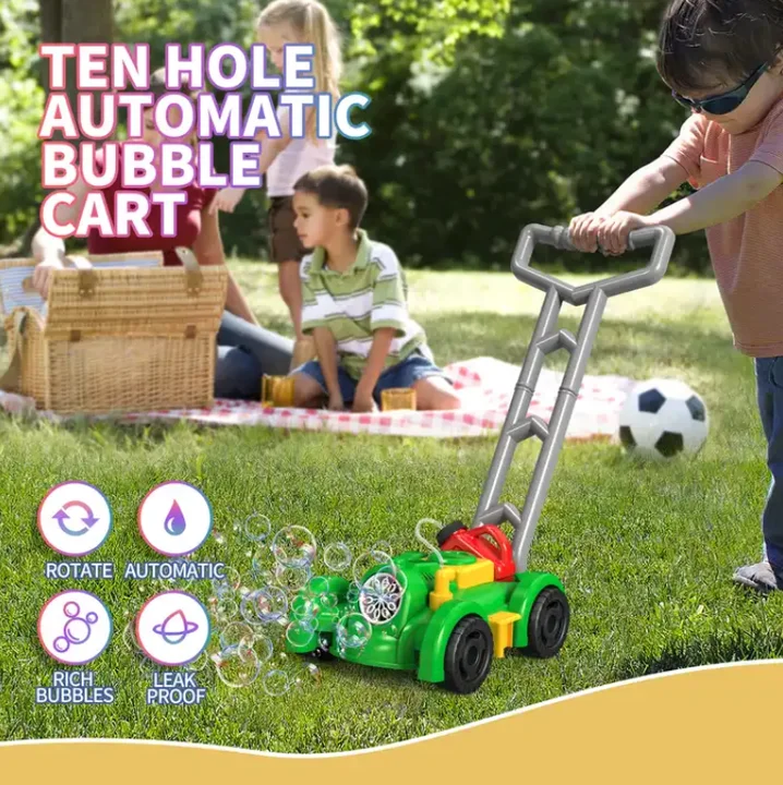 QW New Hot Selling Green Outdoor Educational Toy Fully Automatic Lawn Mower Bubble Handcart with 2 Bottles of 50ML Bubble Water