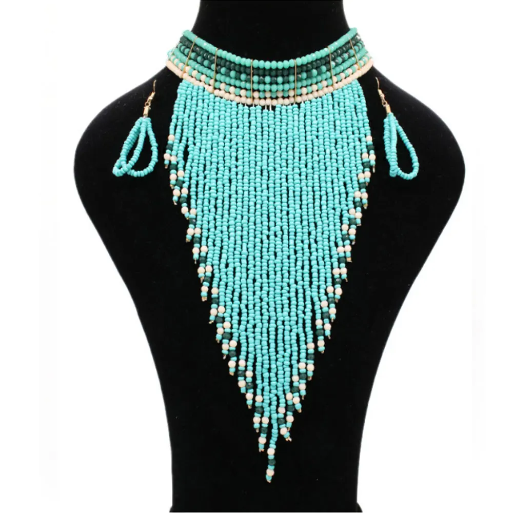 Traditional ethnic zulu collier femme africain South Cascade Zulu maasai beaded fringe long pendant necklace earring jewelry set