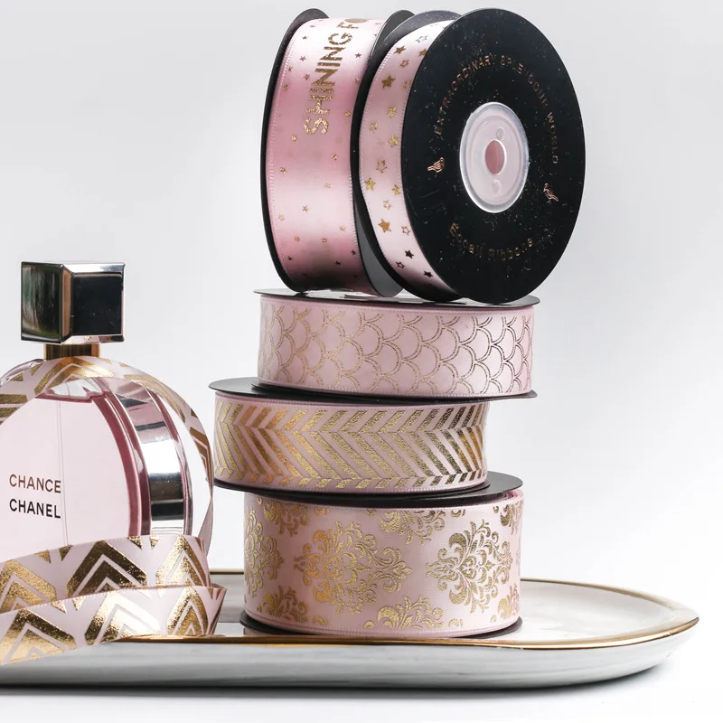 E-Magic Luxury Eco Friendly Ribbon Logo Custom Printed Ribbon Glitter Gold Foil Pink Satin Printed Ribbon for Gift Decoration