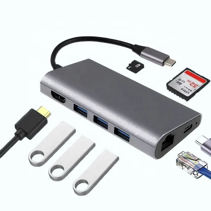  8-портовый многофункциональный компьютер USB C Ethernet-разветвитель 8 в 1 с U3 * 3 + SD TF RJ45 PD пользовательский