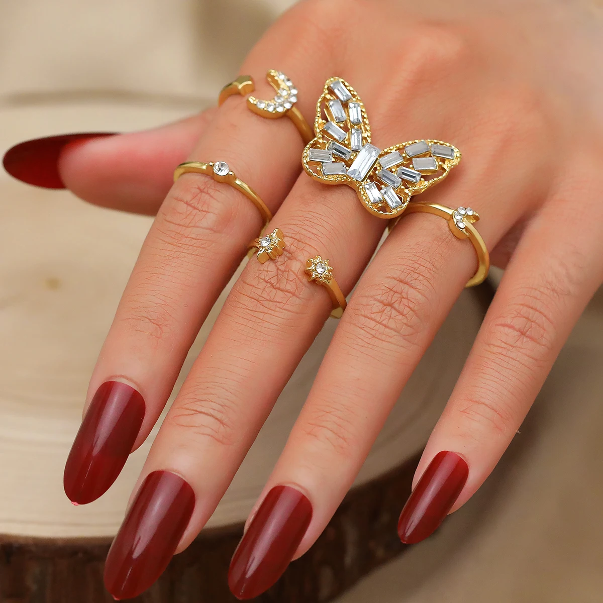 KISSWIFE Luxury Rhinestone Rings Set for All Fingers Crystal Star Moon Opening Adjustable Butterfly Rings