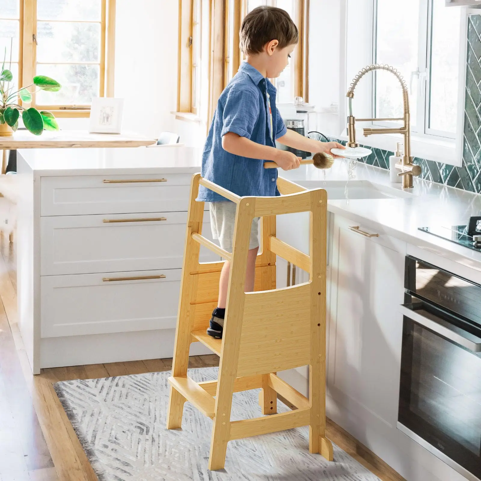 Toddler Tower Kitchen Stool Helper-Toddler Step Stool with Safety Rail,3 Heights Adjustable Kids Step Stool,Wide Platform Design