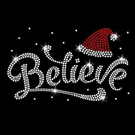 Custom Flatback Iron Patch Holidays Christmas Believe Rhinestone Heat Transfer Design for Clothes Shoes Bags shirts hoodies hat