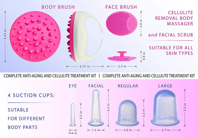 
(4 Suction Cups with Cellulite Remover Body Brush & Face Scrubber) Silicone Cupping Set for Cellulite Treatment and Body Detox 