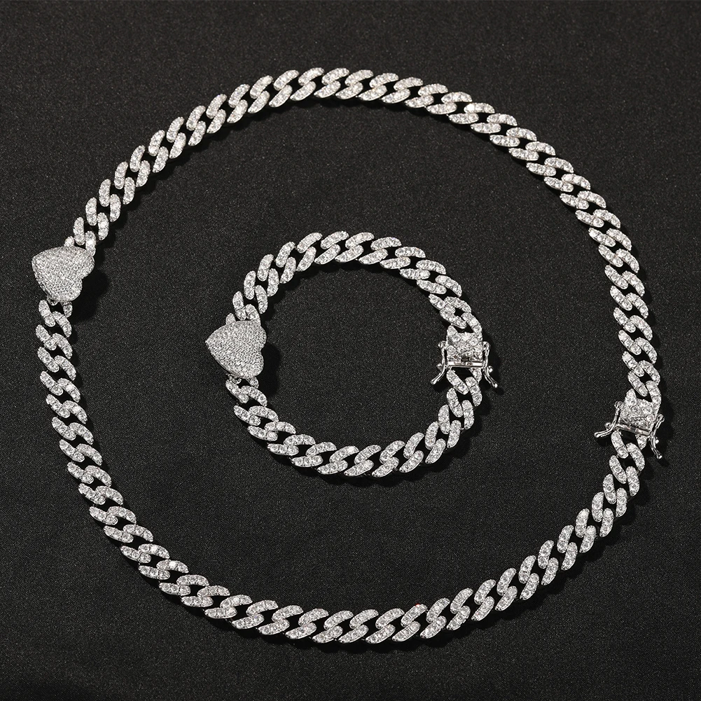 New Fashion 9mm Heart Cuban High Quality Iced Out Bling Cuban Link Chain Jewelry Set Necklace Bracelet for Women Man
