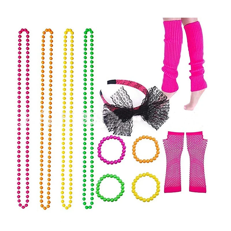 80s Neon Party Supply Fancy Dress Costume Outfit Accessories Set Headband Fishnet Gloves Necklace Bracelet Christmas Xmas