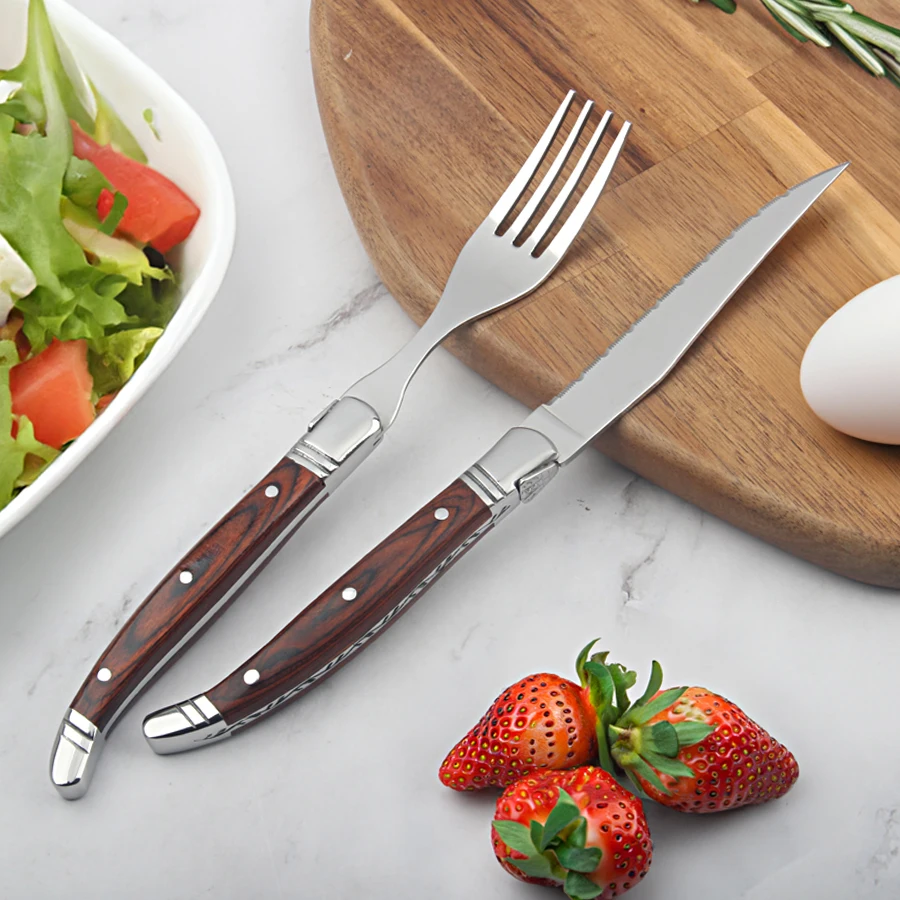 Classic Laguiole Stainless Steel Steak Knife Set And Fork 2 PCS Wooden Handle Flatware Set