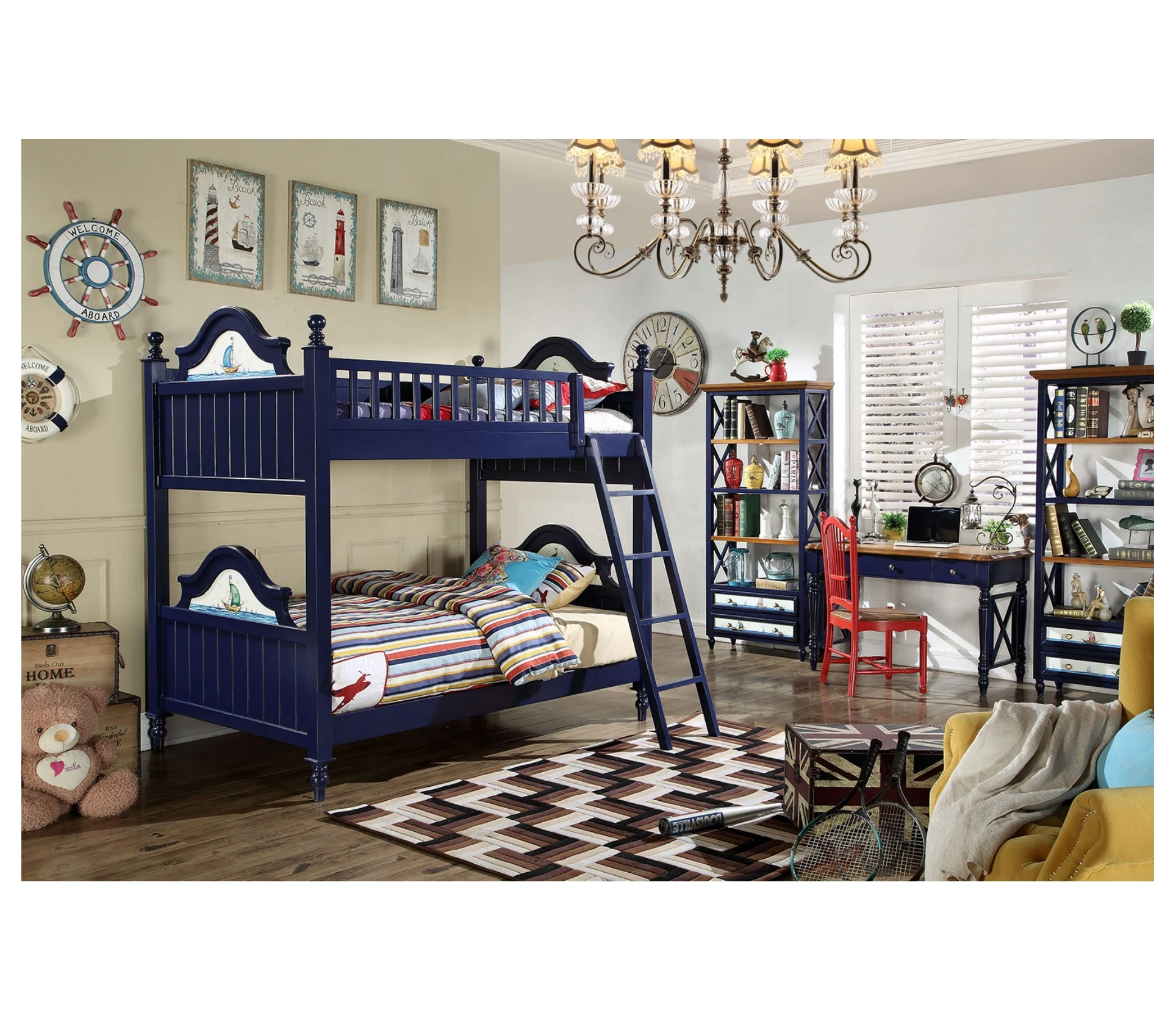 American Style Classic Furniture Bunk Bed Bedroom Set Children Wooden Bed Desk Chair Bookcase Kid Bedroom Set GL26