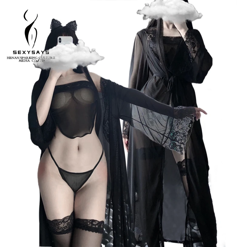 2021 новый дизайн прозрачный китайский стиль закрывающий грудь длинный халат сексуальный костюм зрелая девушка черный сексуальный костюм нижнего белья