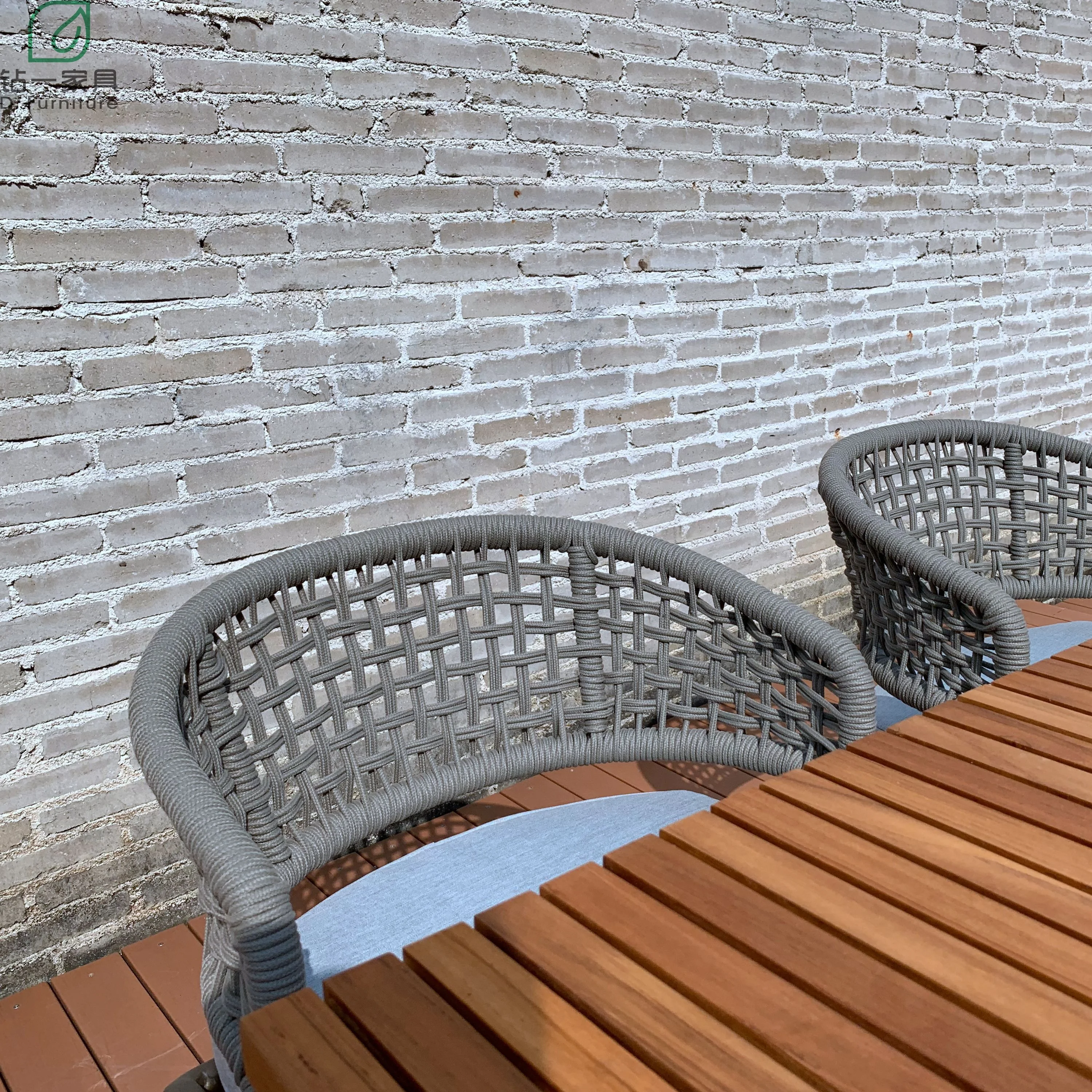 
New Design Modern Garden Outdoor Balcony Hotel Furniture Set Teak Wood Rope Metal Chair Dining 