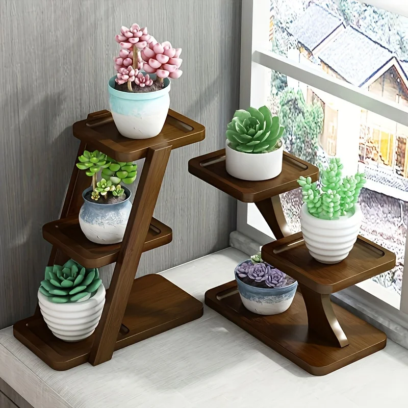 Desktop Plant Stand Indoor Bamboo Mini 3 Tiered Windowsill Shelf Desk Tabletop Shelf Holder Desk Organizer Display Rack