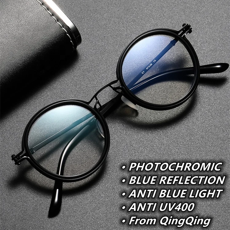 anti blue reflection photochromic circular vintage alloy pc gray black hawksbill women men`s 2024 blue light blocking glasses