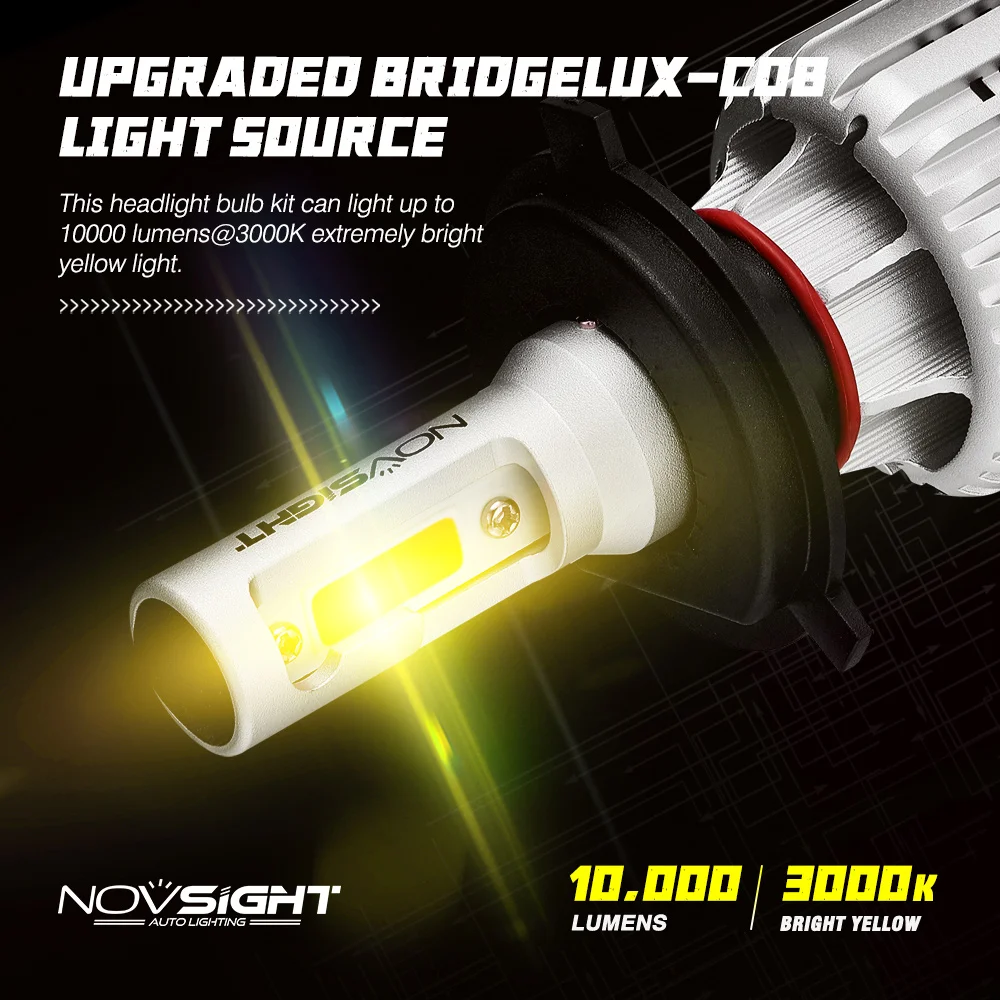 Novsight high power 3000k yellow dual color h4 COB car auto headlight bulb C6 10000LM 72W 9005 H7 H11 Led Headlight fog light