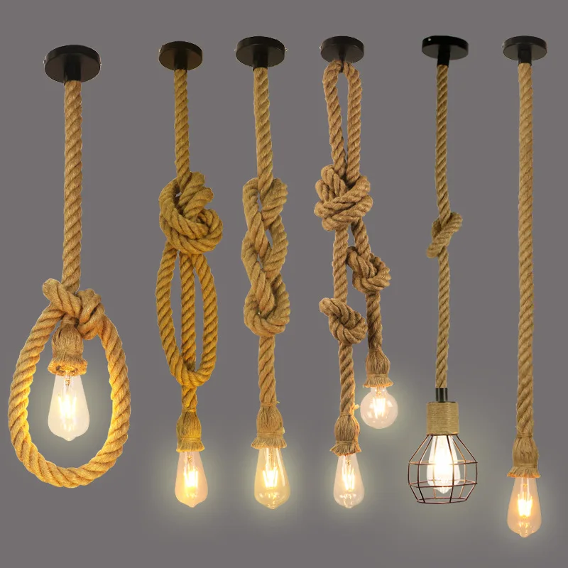 Contemporary Decorative Vintage Hemp Rope Lighting Fixtures Chandeliers & Pendant Lights Led Hanging Light Hotel Modern