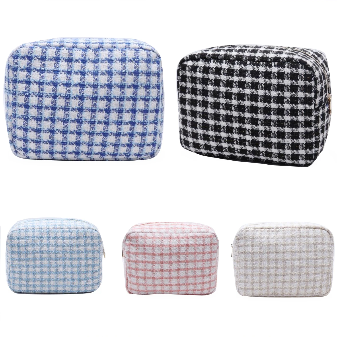 Keymay Stock NO MOQ Premium Tweed cosmetic make up case bag for Ladies Multi Use Pouch Large Capacity Zipper Pouches Custom