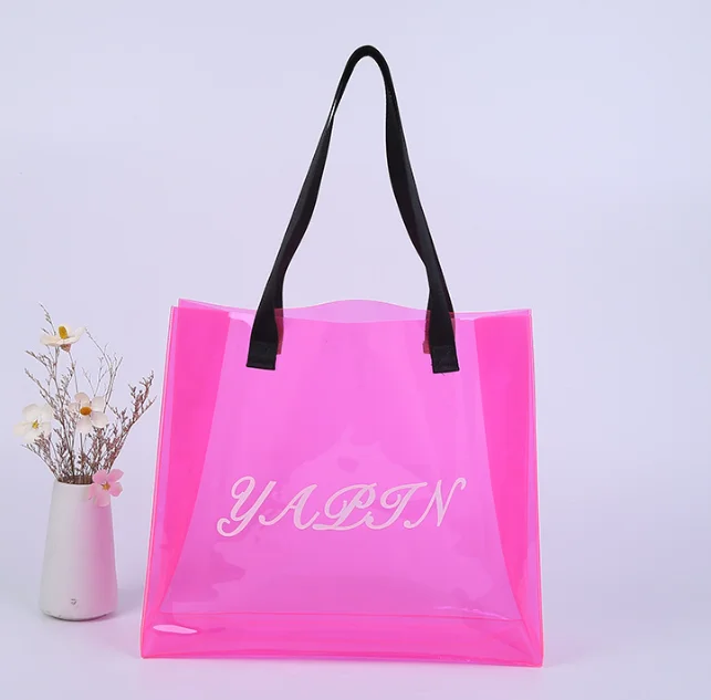 fashion Logo mini clear plastic PVC shopping bag outside tote holiday beach tote shoulder transparent bag with webbing handles