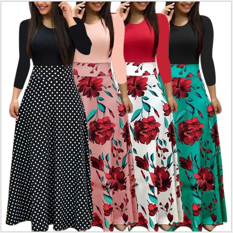 Spring Autumn Women Dress Female Fashion Long Sleeve Floral Print Long Maxi Dress Ladies Casual Ankle-Length Vestido