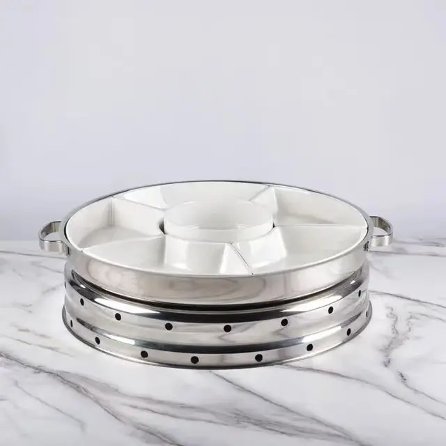 Best Selling Stainless steel Round rotary dinner stove Food insulation buffet plate Hotel round lid dinner stove ceramic divider