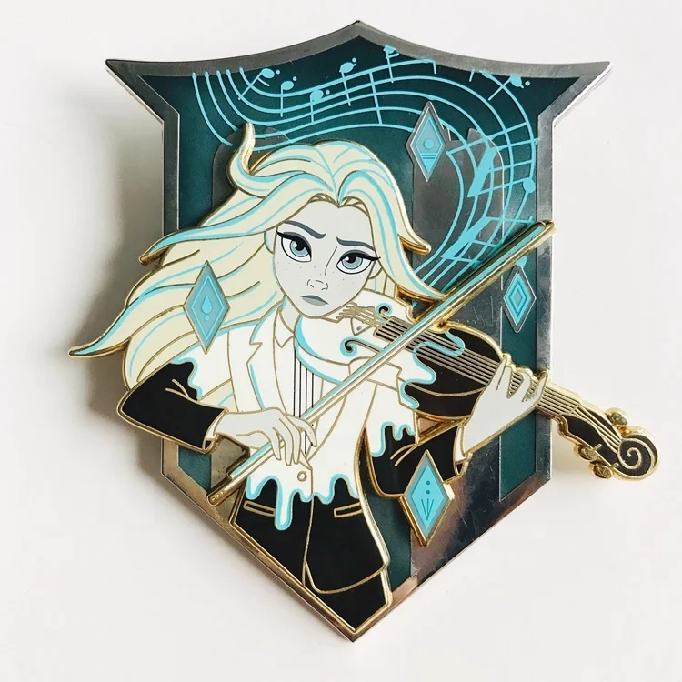 2021 fashion design high quality factory Violin Elsa princess hard enamel silver metal screen print pin on pin custom badges