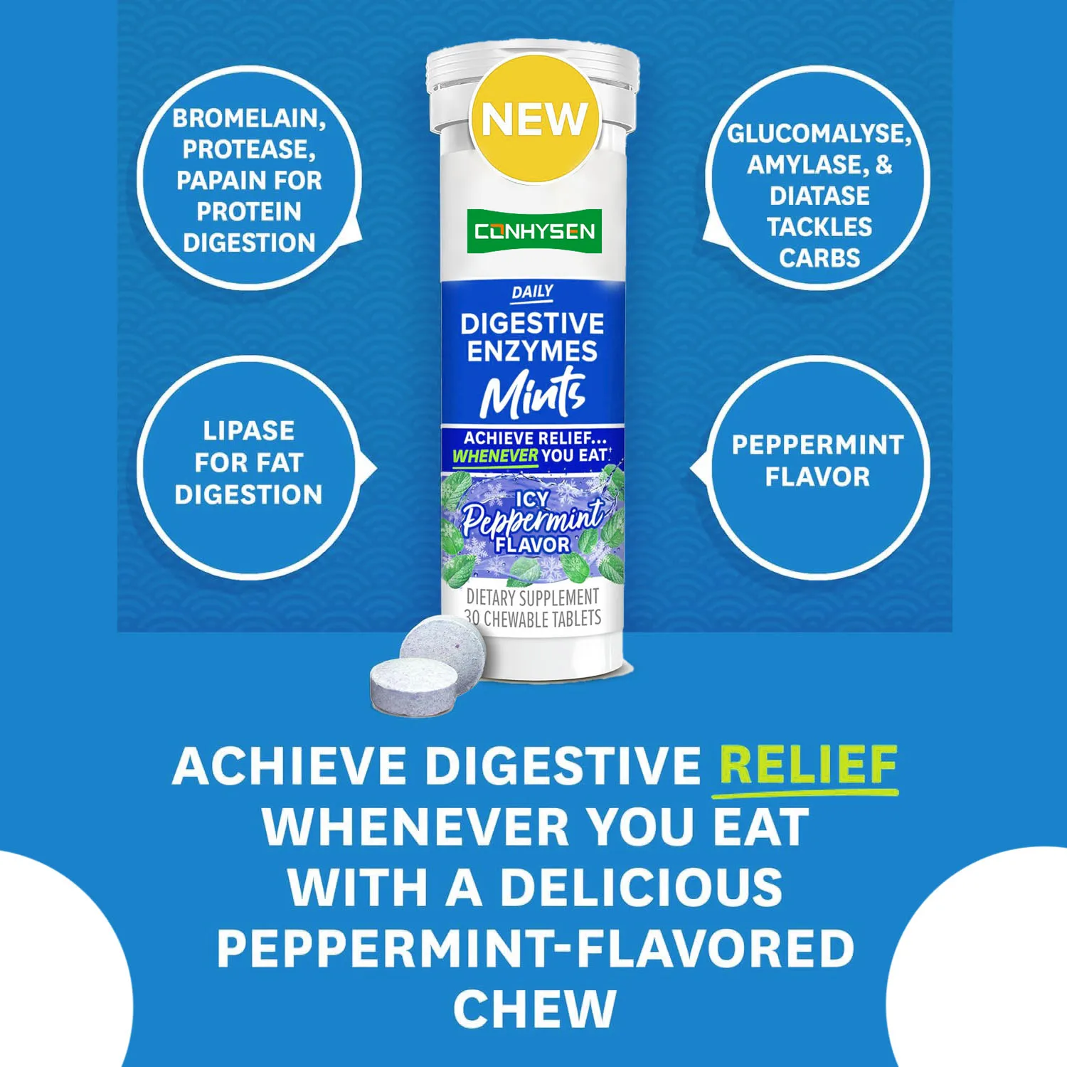 OEM/ODM Private Label Advanced Digestive Enzymes Mints Tablet Gum Achieve Digestive Relief Lipase For Fat Digestion Supports Gut