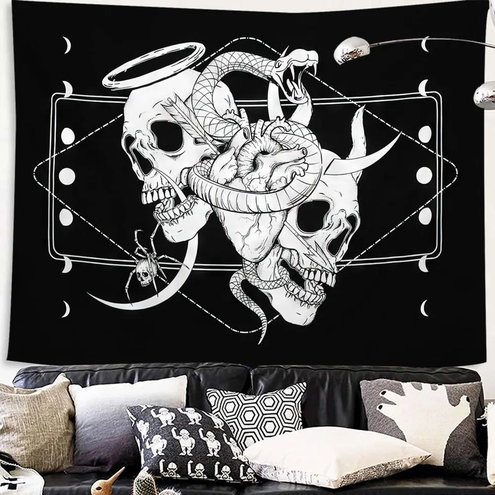 Skull Tapestry Black White Tapestries Snake Moth Trippy Skeleton Tapestry Mandala Moon Phase Wall Hanging Cloth for Room Art