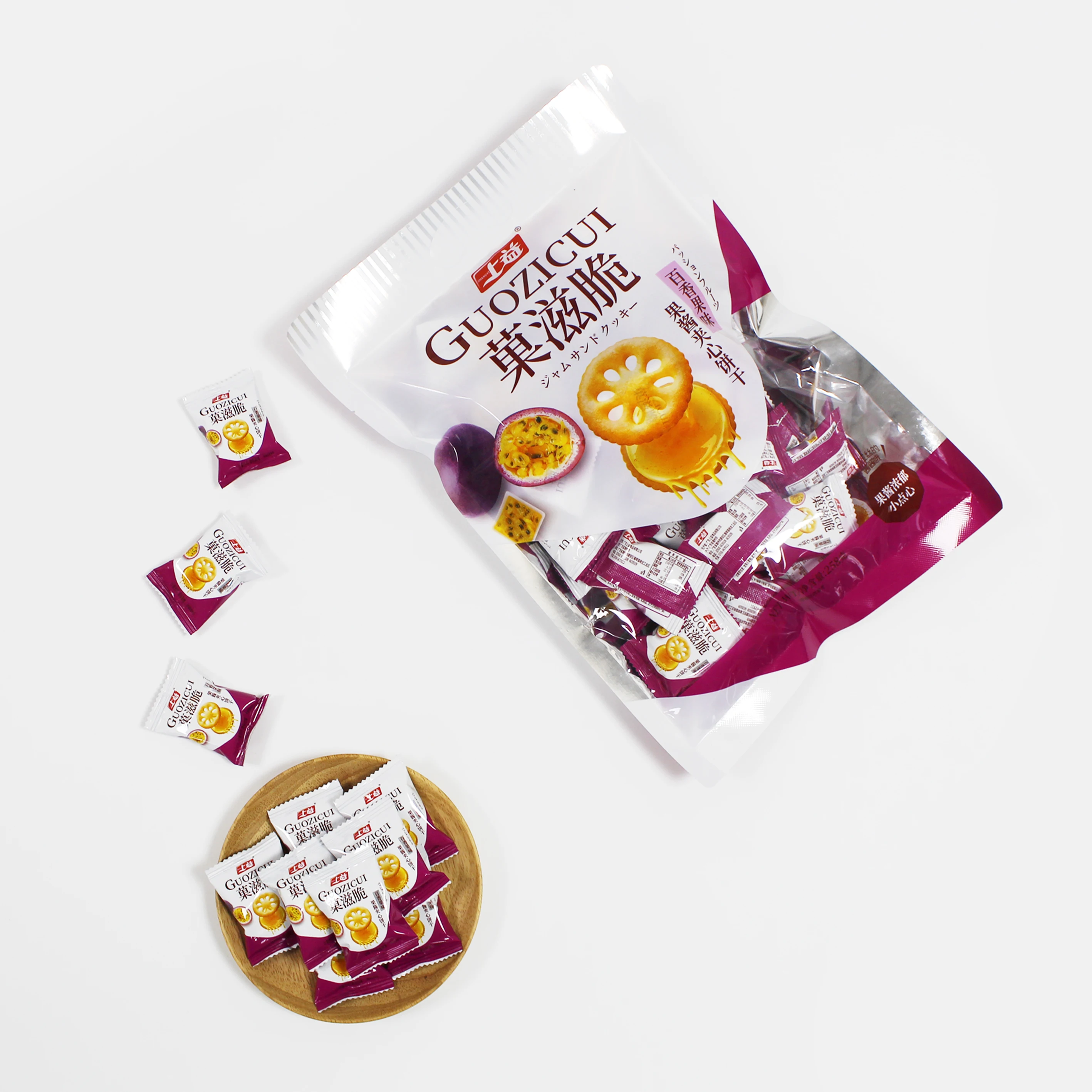 New design 258g Guozicui Jam filled Sandwich biscuits and cookies snacks multi-flavored biscuits for Child