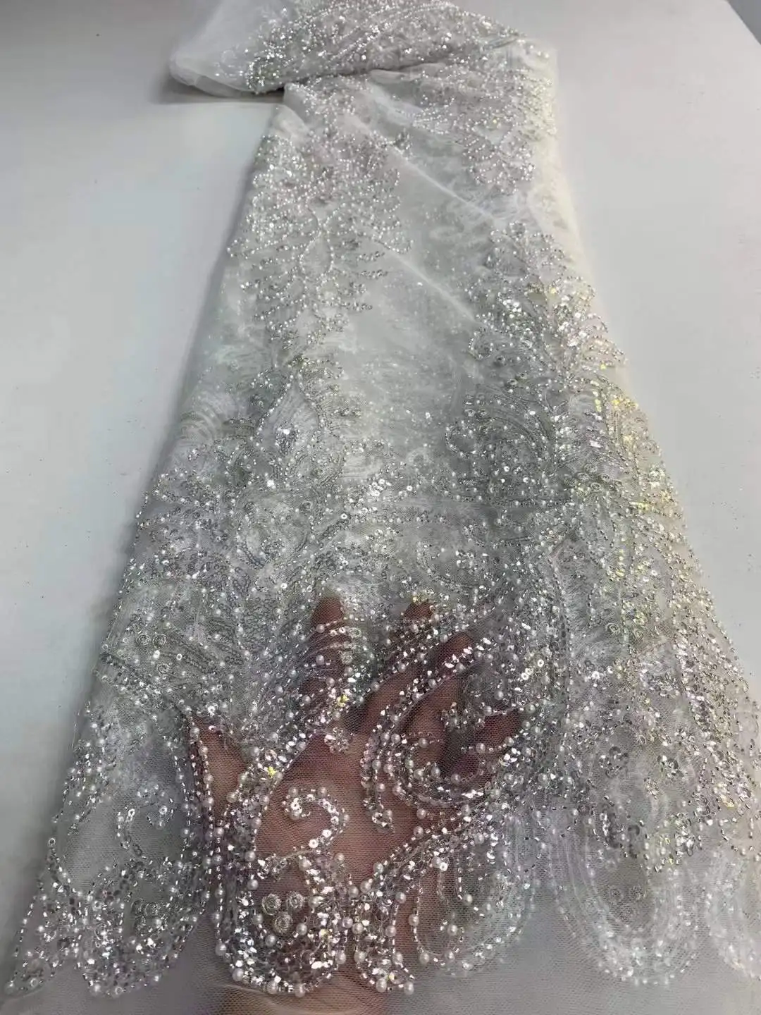 Good quality sequins lace beautiful Italy sequin beaded lace fabric luxury for wedding