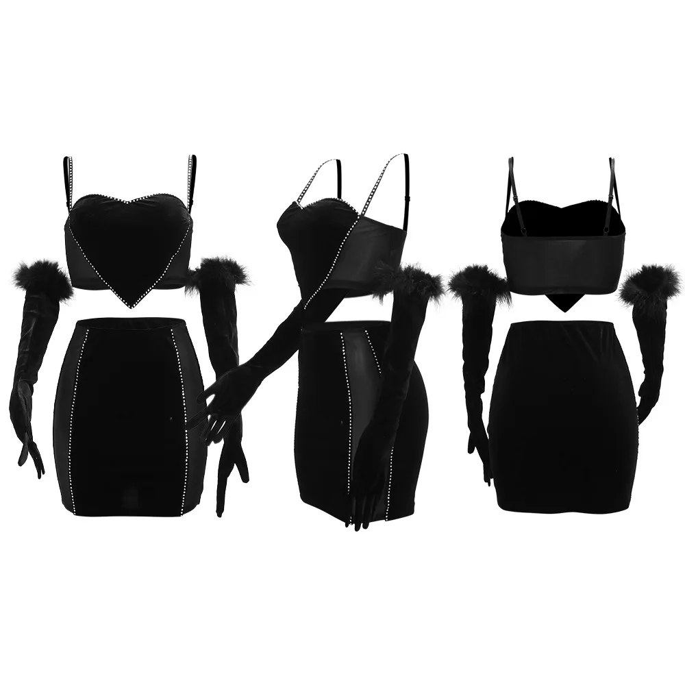 L2222 Hot Diamond Straps Cropped Top A-line Short Skirt with Gloves