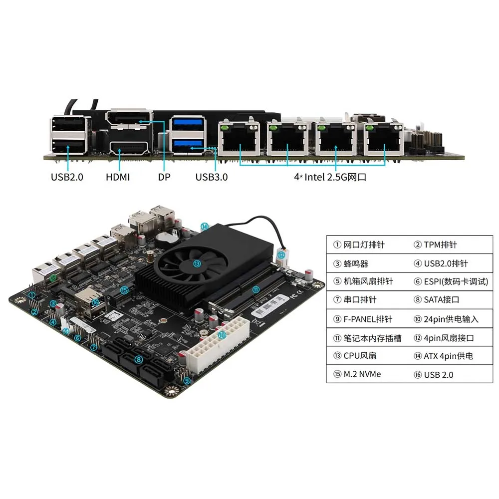 Intel 11th gen Celeron N5105 N6005 MINI-ITX NAS motherboard With 6SATA JMB585 4 LAN intel i226-v Dual M.2 ATX 24+4pin