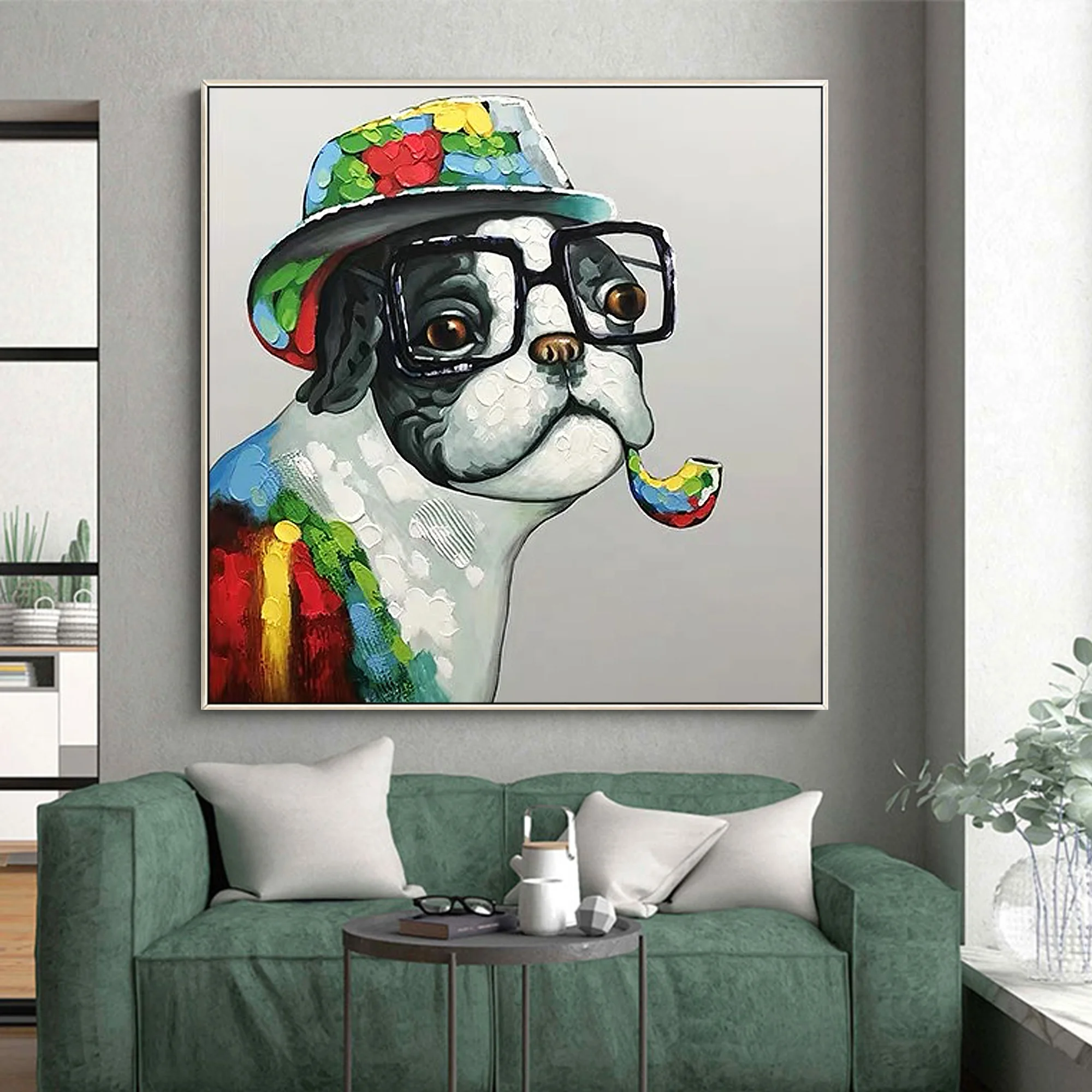 
Pop art painting glasses dog handmade yellow red green animal acrylic painting wall Art pictures for living room home decor 