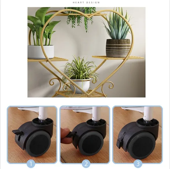 Balcony decoration wrought iron heart-shaped green radish flower rack shelf floor type multi-layer flower pot shelf with wheels