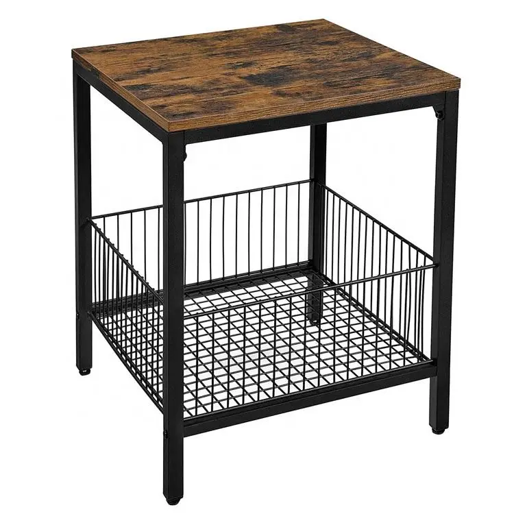Living Room Industrial Sofa Side Table with Wire Basket