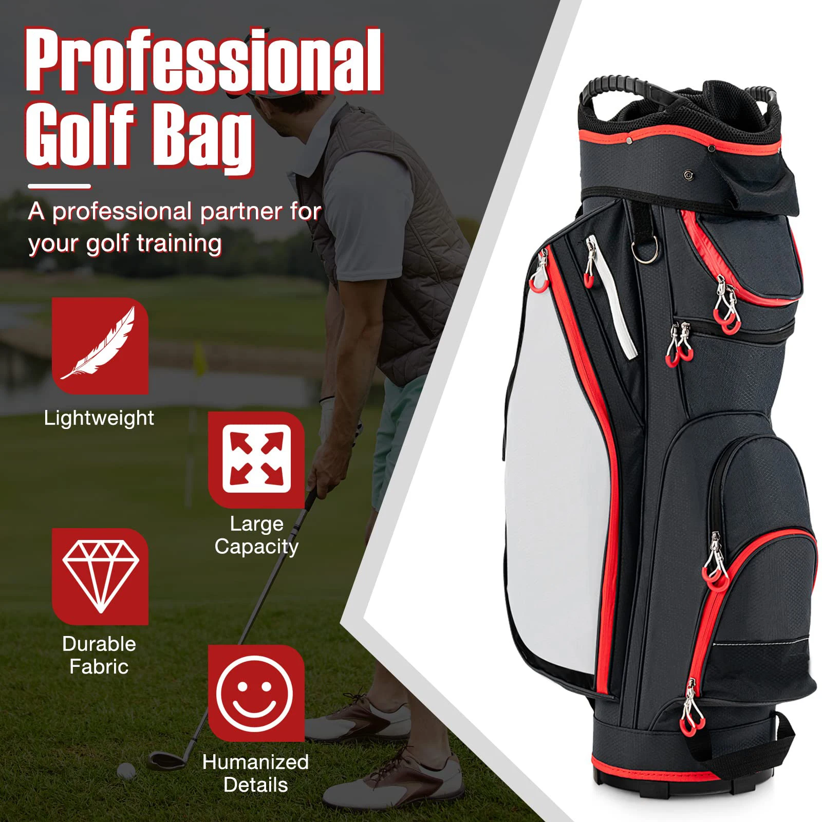 14 Way Full Length Divider Golf Cart Bag with Rain Hood & Cooler Bag, Waterproof Golf Cart Bag for Men & Women