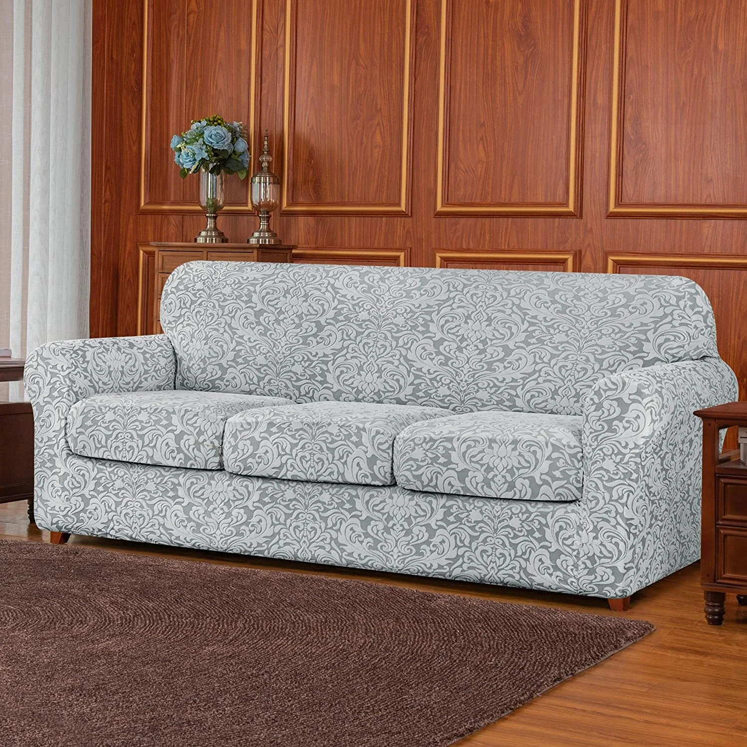 Jacquard Damask Sofa Slipcover with 3 Separate Seat Cushion Couch Cover Stretch Washable Furniture